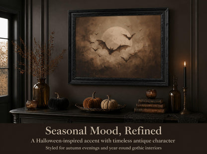 KKP Vintage Gothic Bats Full Moon Wall Art, Dark Academia Halloween Picture