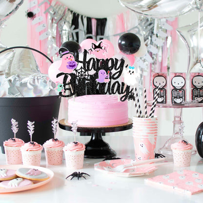 Halloween Ghost Happy Birthday Cake Topper Black Glitter Halloween Birthday Cake Decorations Pastel Ghost Cake Picks Ghosts Boo Day Baby Shower Decor for Birthday Party Supplies