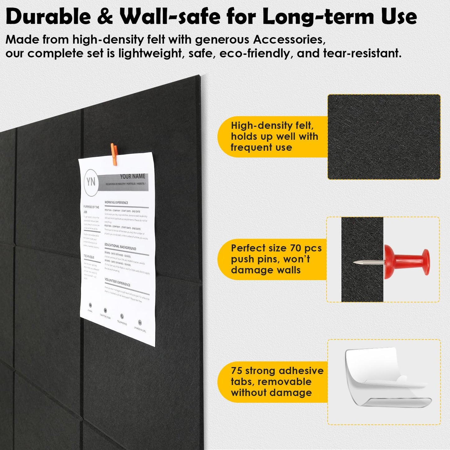MAPVOLUT 15 Pcs Felt Boards - 60"x36" Reusable Cork Board Alternative for Wall with 70 Pins, 75 No-Trace Adhesive & Guide - Perfect for Office, Classroom, Home Decor, Bulletin Board, and Dartboard