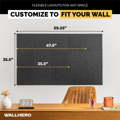 WALLHERO Cork Boards for Office, Dart Board Wall Protector, 59"x36" | 15 Pack | Black Bulletin Board, Cork Board, Cork Board Squares, Homasote Board, Bulletin Board Tiles (Gray Black)