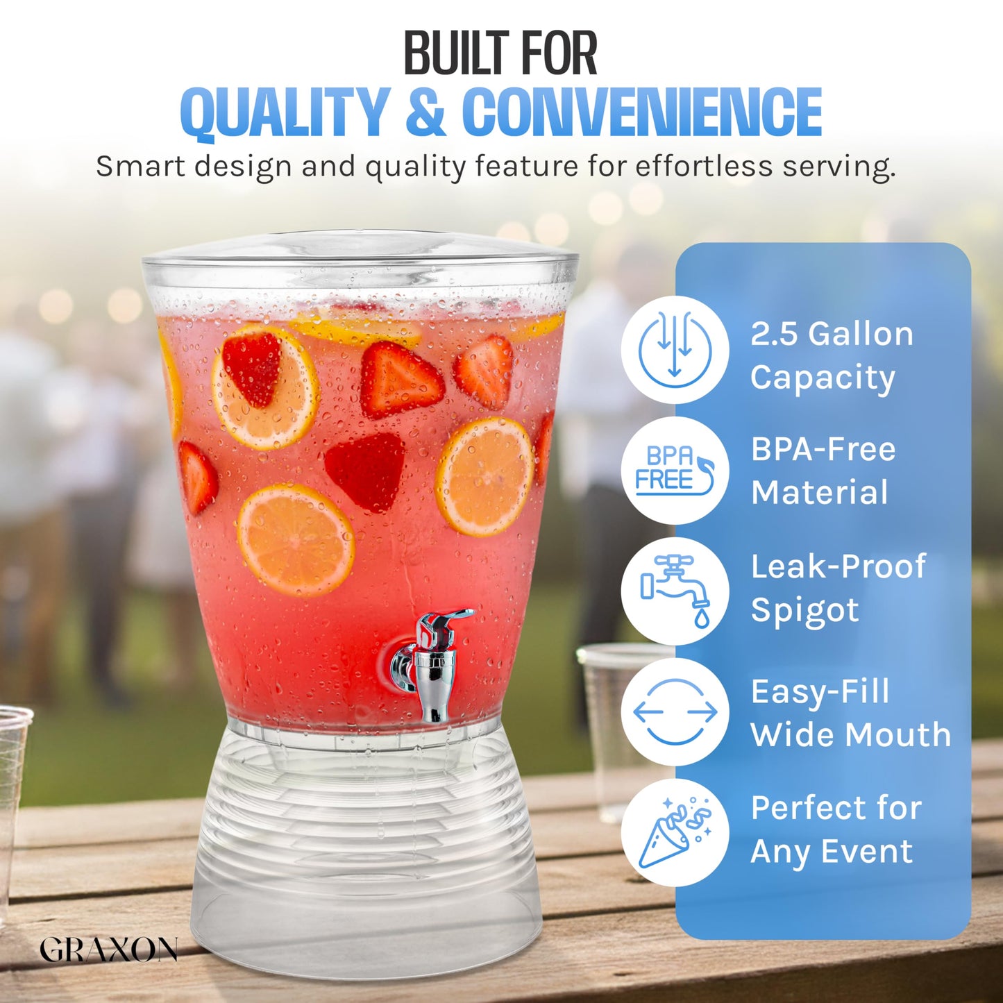Drink Dispenser for Parties (2.5 Gallon) Large Plastic Water Dispenser for Counter Tops, No Mess, Easy to Assemble & Wash, Up to 40 Drinks, For Drinks, Juice, Punch & Water (1 Pack)