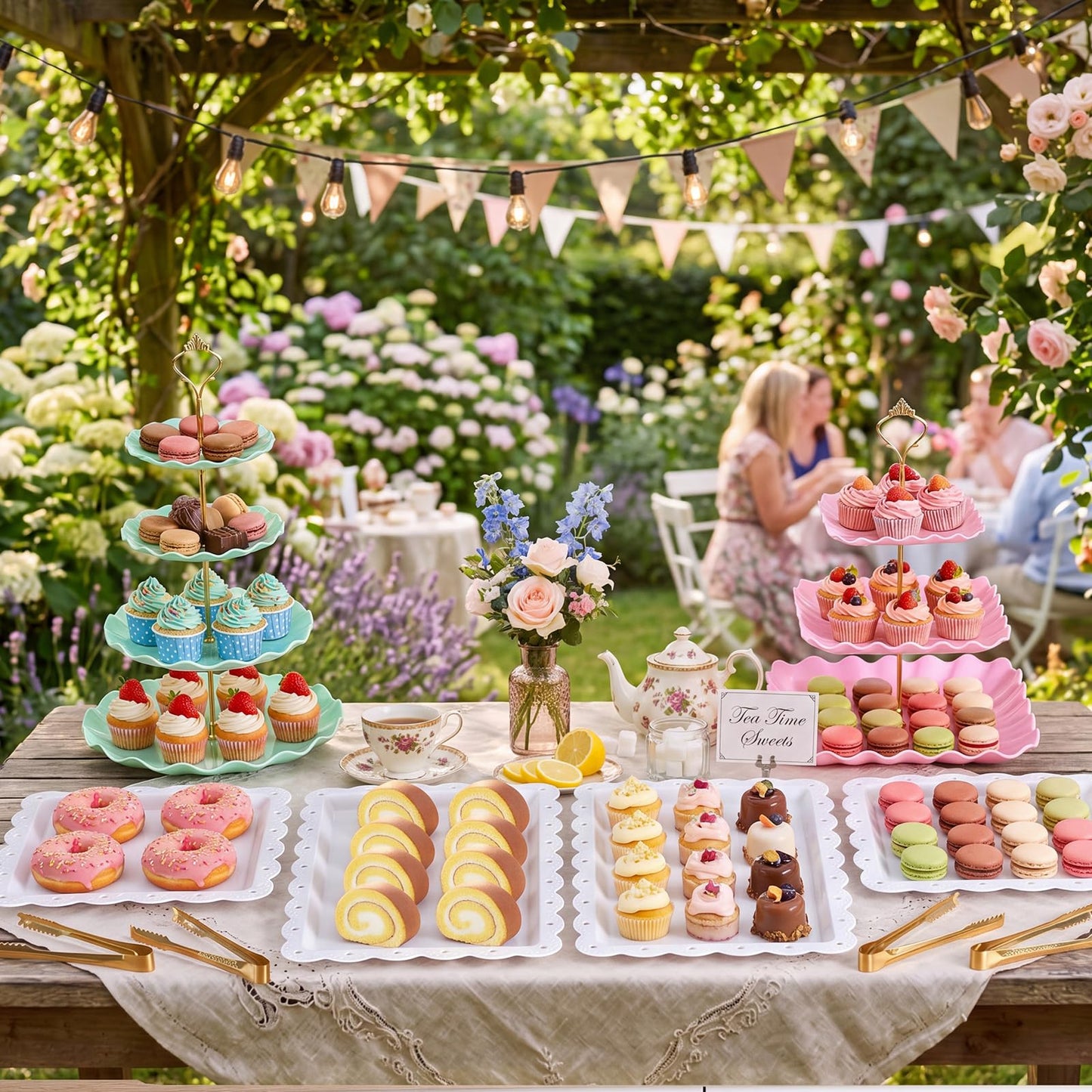 Remerry 16 Pcs Dessert Table Display Set 3 Tier Cupcake Stands Tower Holder Plastic Cookie Serving Trays Gold Serving Tongs for Tea Party Wedding Baby Shower Birthday Table Display (Pink and Green)