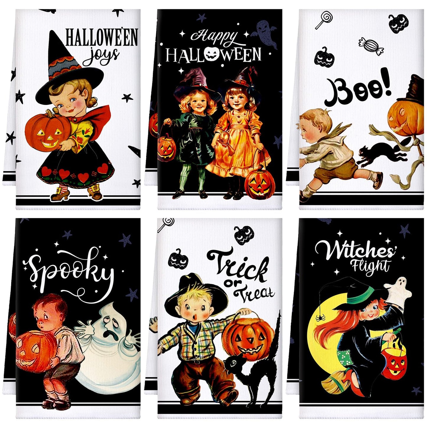 FuWeave 6 Pcs Halloween Kitchen Towels Absorbent Horrible Witch Ghost Pumpkin Bat Hand Dish Cloth Retro Decorative Funny Tea Towel for Halloween Home Gift Decor