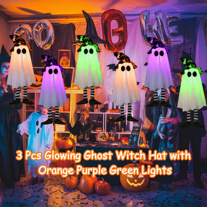 3 Pack Halloween Hanging Ghosts Halloween Decorations Outdoor, Lighted Glowing Ghost Witch Hat with Orange Purple Green Lights, Ghost Scary Outside Decor for Party Home Yard Tree Garden