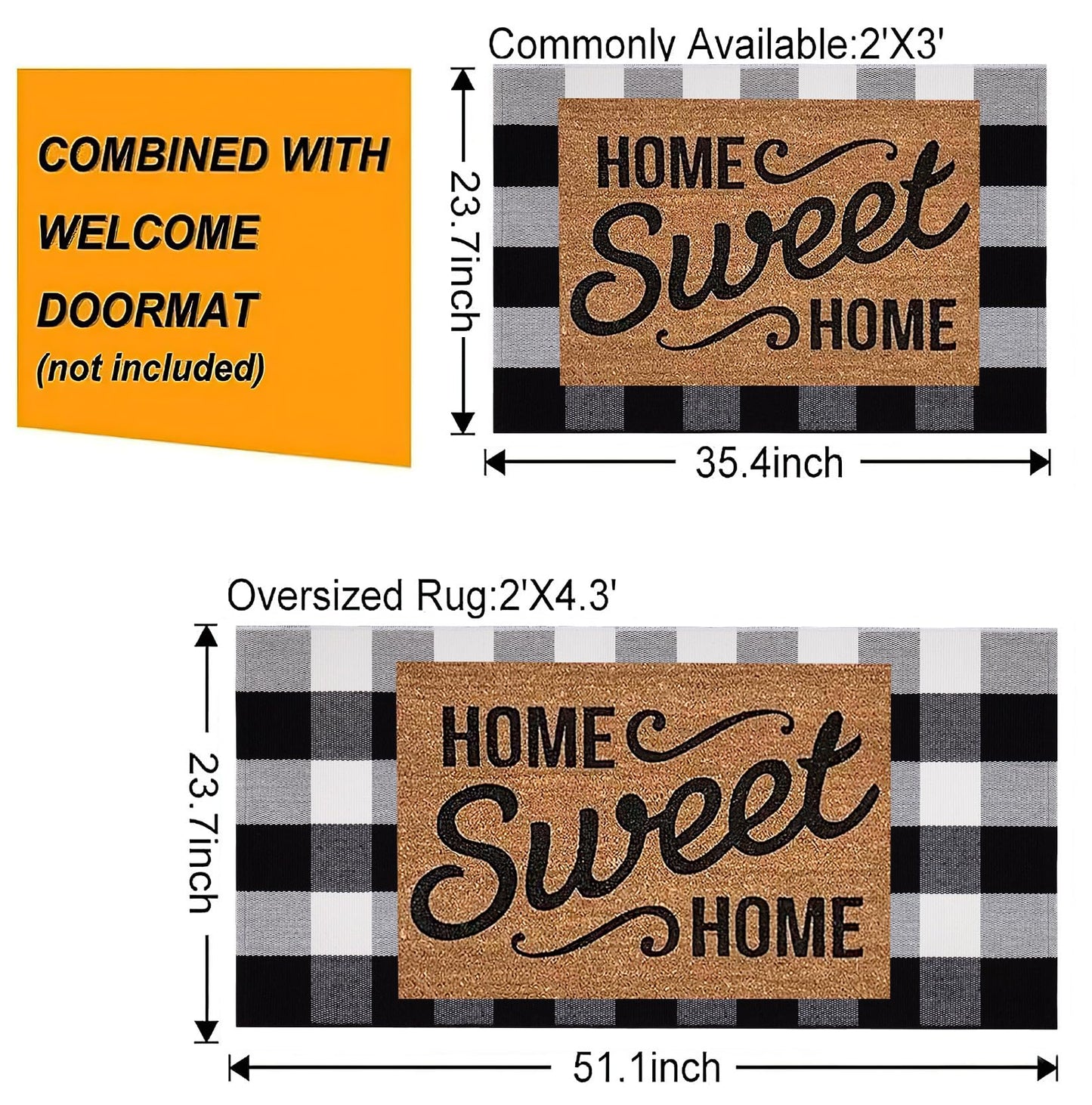 Buffalo Plaid Front Porch Rug 24''x 51''Black and White Checkered Outdoor Rug Cotton Machine Washable Farmhouse Mat for Outdoor, Kitchen, Farmhouse, Entryway,Bathroom