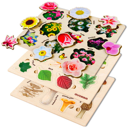 QUOKKA Wooden Puzzles for Toddlers 2-4 – 3X Set Montessori Toys Puzzles for Kids Ages 3-5 – Wood Educational Baby Game 12-18 Months – Gift Learning Mushrooms Flowers Leaves for Boy and Girl 3-5