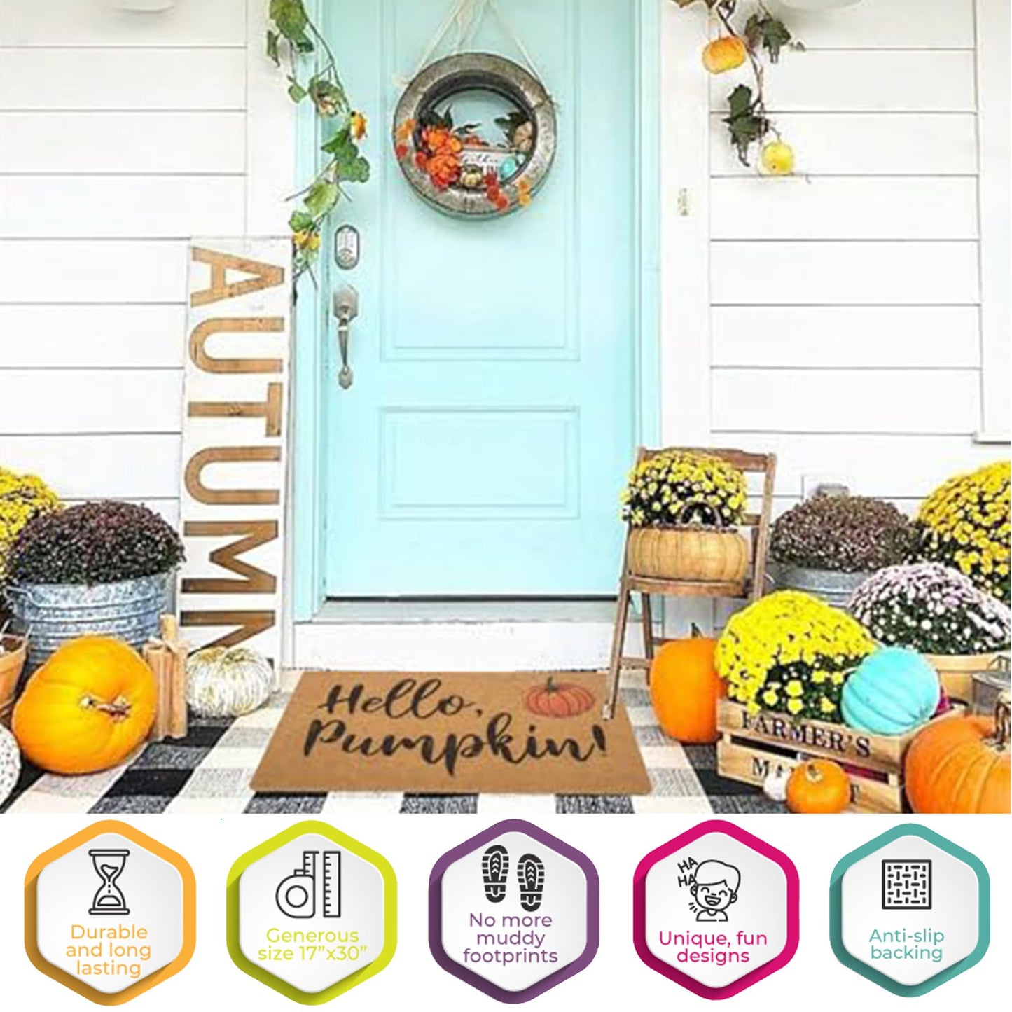 IZUS Hello-Pumpkin Welcome-Doormats - Non-Slip Coir Entrance-Mat Fall-Harvest-Festival Front-Door-Mat Porch-Rugs Home-Decor 17x29inch