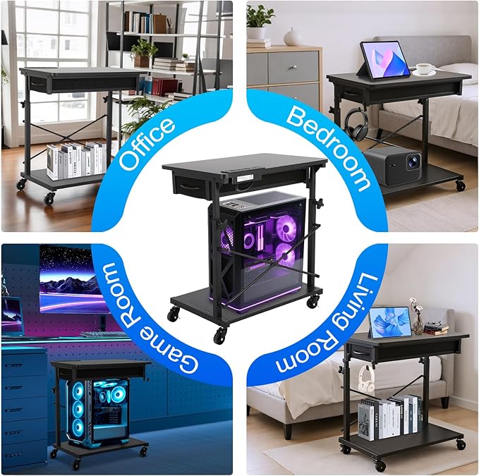 FAHKNS 2-Tier Computer Tower Stand - Computer Tower Floor Stand，PC Tower Stand with Power Outlet & Lockable Wheels，PC Holder for Office/Home/Studio/Game Room