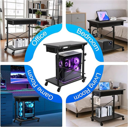 FAHKNS 2-Tier Computer Tower Stand - Computer Tower Floor Stand，PC Tower Stand with Power Outlet & Lockable Wheels，PC Holder for Office/Home/Studio/Game Room