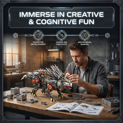 Myth Qholve Mechanical Triceratops Building Set with LED Lights, Engine & Generator, Remote Control Drive, Display Stand, Movable Gears, Large Scale RC Dinosaur Model for Home Office Decor, 1100+PCS