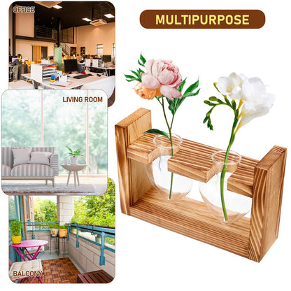Housoutil Heart-Shaped Glass Planter Vase with Wooden Stand for Hydroponic Plants, Tabletop Terrarium Decor for Indoor Garden and Home Ornament, 2pcs Set