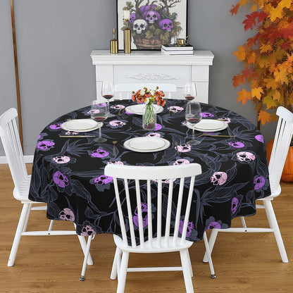Halloween Goth Skull Tablecloth, Gothic Skeleton Table Cloth Waterproof, Halloween Kitchen Table Decor for Dining Holiday Party 60x60 Inch Round