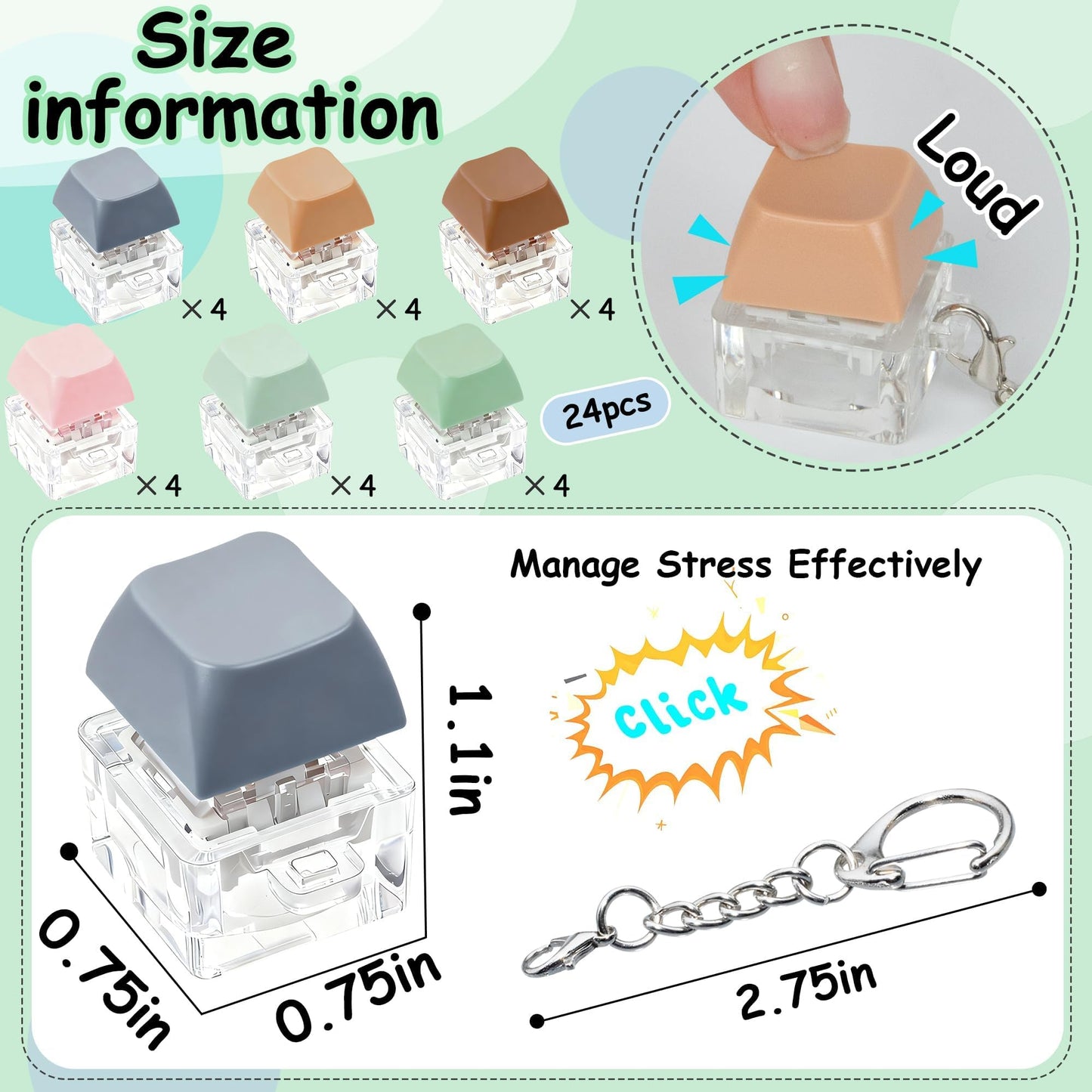 24 Pcs Morandi Keyboard Fidget Toy for Adult Kids Stress Relief, Fidget Keychain Keyboard Decompression Button Finger Clicker Toys, Button Stress Relief Fidget Gifts Birthday Party Favors Goodie Bag