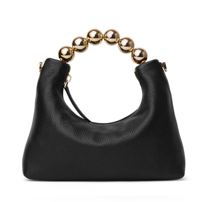 DORIS&JACKY Small Top Handle Clutch Purse for Women, Designer Leather Evening Crossbody Bag with Metal Ball Tote Handle And Leather Chain Strap (Black)