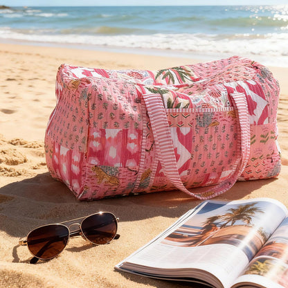 SilTriangle Large Cotton Patches Duffle Bags Block Print Quilted Fabric Weekender Bags for Women Holiday Gifts Handmade Colorful Travel Overnight Bag