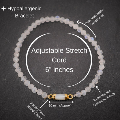 Moonstone Bracelet Birthday Gift for Girls, Toddler Bracelet with Certified 925 Sterling Silver 18K Gold Vermeil Moonstone Crystal Barrel Charm - Natural Organic Gift