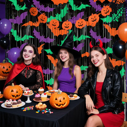 Ycitusi 2 Packs Bat Foil Fringe Curtains - Purple Orange Green Halloween Door Streamers for Photo Backdrop, 3.3 x 6.6 ft Tinsel Curtains for Beetlejuice, Monster or Neon Glow Party Decorations