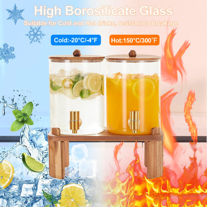 2 PCS 1 Gallon Drink dispenser, Glass Beverage Dispenser With Wood Stand, Large Water Drink Dispensers for Parties With Stainless Steel Spigot, Ideal for Lemonade,Juice, Tea, and Party Drinks