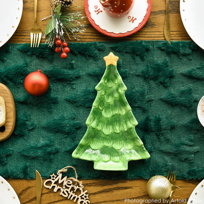 Artoid Mode Christmas Trees Green Soft Plush Faux Fur Jacquard Christmas Table Runner, Holiday Kitchen Dining Table Decoration for Home Party Decor 13x72 Inch