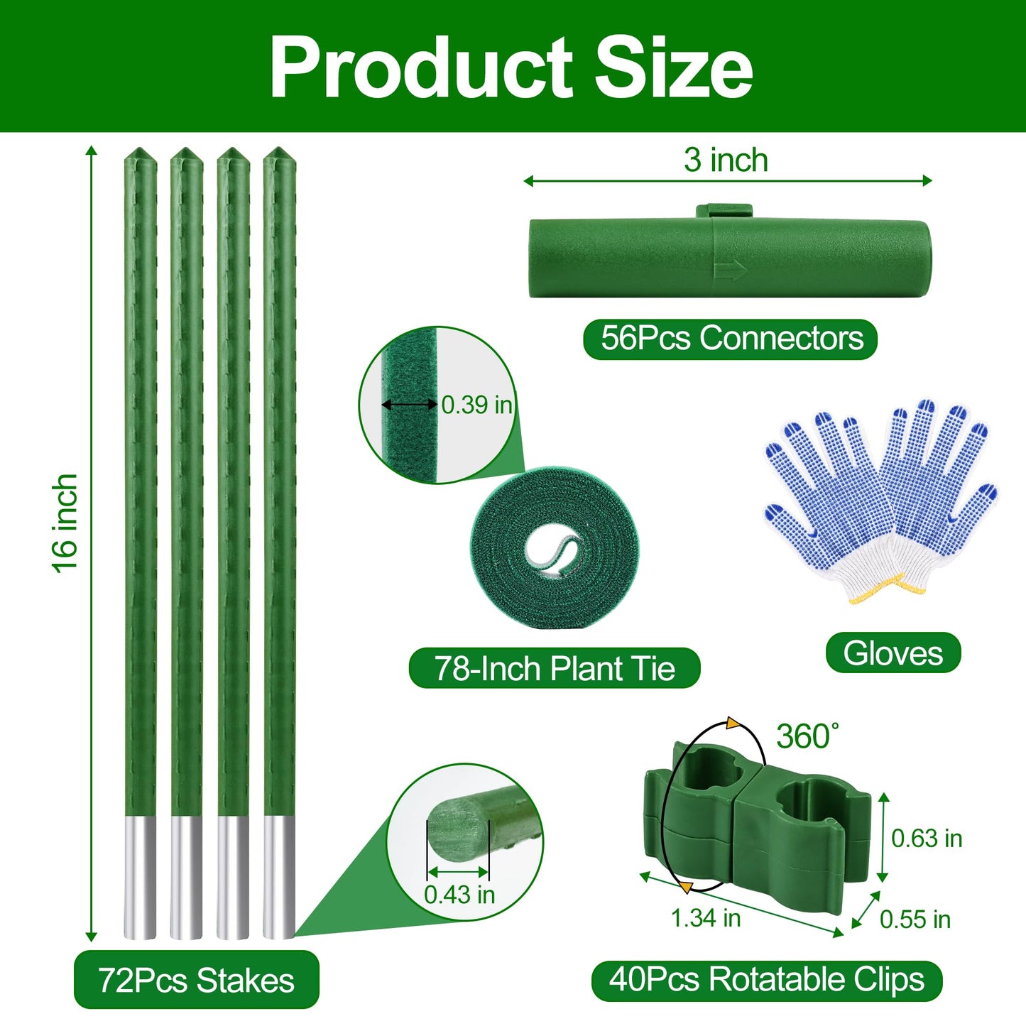 WAENLIR Garden Stakes16 Inch 72 Pack, Tomato cage DIY 4ft 5ft 6ft 7ft 8ft Plant Support Stakes with Connectors and Clips, Plastic Coated Metal Sticks for Tomato Indoor Outdoor