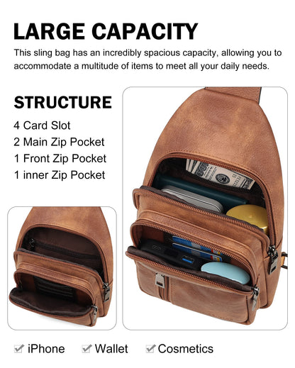 MASINTOR Sling Bag for Women - Crossbody Bags Fanny Pack with Vegan Leather - Adjustable Sling Backack for Travel Mocha Brown