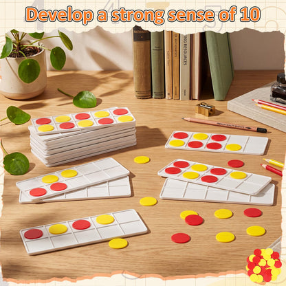 Soulchen 12 Sets Plastic Ten Frames for Classroom Math Manipulatives for Kids Classroom Math Counters Supplies Including 12 Plastic Ten Frames, 120 Counters for Teach Number Concepts (Red, Yellow)