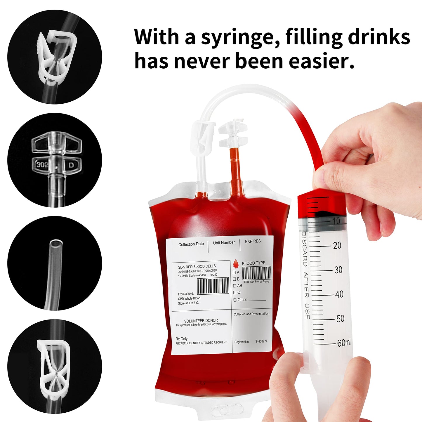 80 Packs Halloween Blood IV Bags for Drinks Reusable Energy Container Juice Pouch Prop for Halloween Zombie Nurse Hospital Theme Party Decoration, Vampire Party Props (80pcs Bag/Label, 5 Syringes)