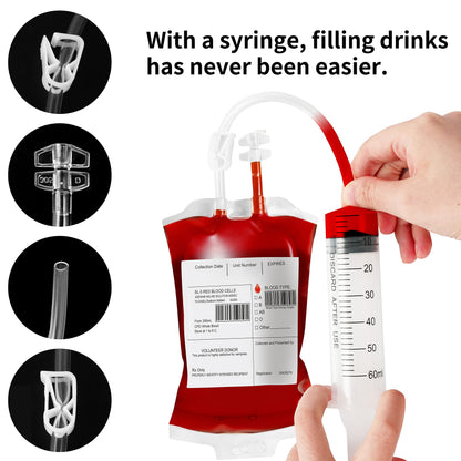 80 Packs Halloween Blood IV Bags for Drinks Reusable Energy Container Juice Pouch Prop for Halloween Zombie Nurse Hospital Theme Party Decoration, Vampire Party Props (80pcs Bag/Label, 5 Syringes)