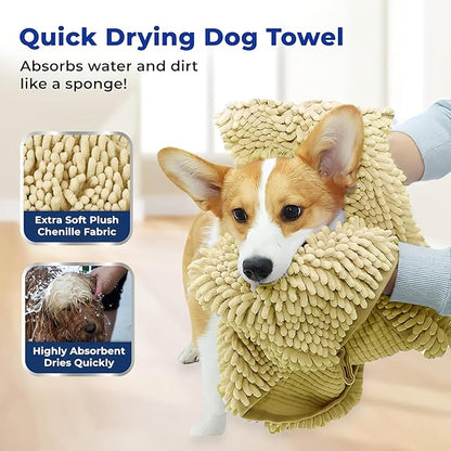 Muddy Mat Doggy Dryer, Highly Absorbent Microfiber Washable Dog Shammy Quick Drying Towel Absorber - Extra Soft Plush Wrap Chenille Bath Towels to Dry Soggy Large Pets & Small Puppy-Beige 15"x38"