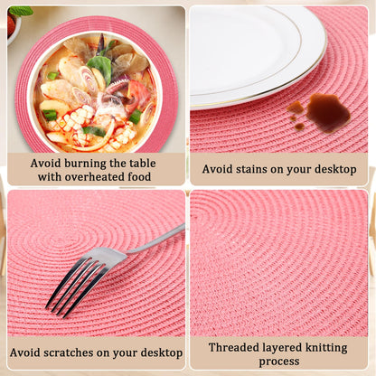 15 Inch Round Woven Placemats Set of 6, Natural Heat Resistant Washable Non-Slip Table Mats in Pink