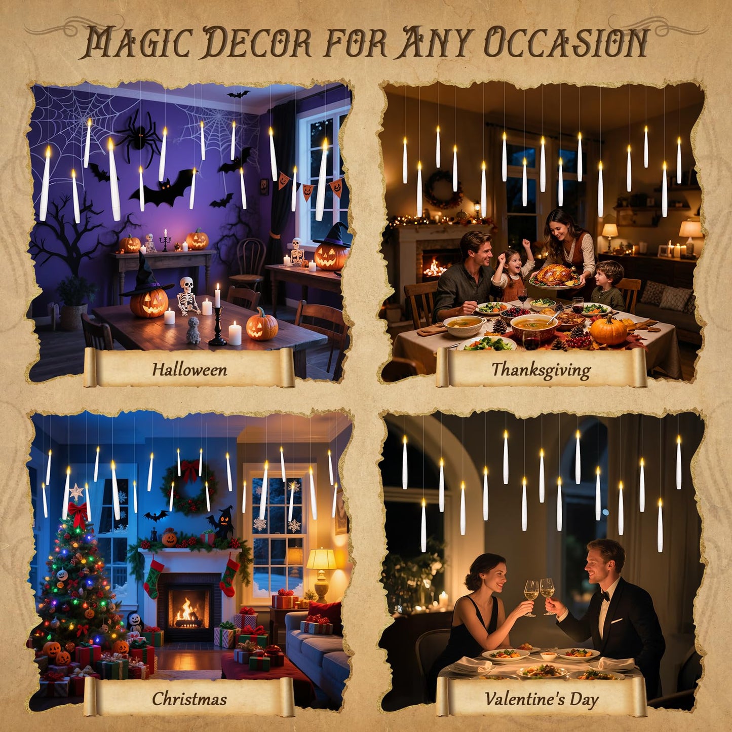12 Pcs Floating Candles with Magic Wand Remote, Battery (included) Operated Hanging LED Candles Lasting for 200 H, Flameless Flickering Warm Light Taper Candle Set for Xmas Festival Theme Party Decor