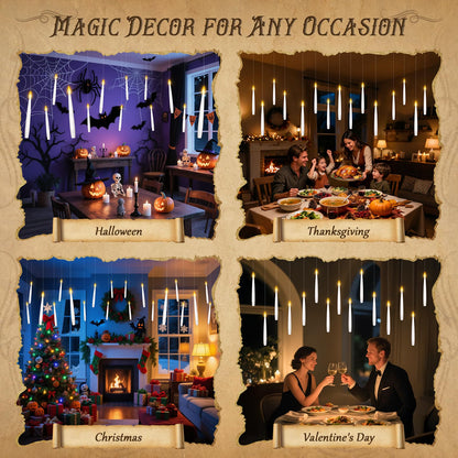 12 Pcs Floating Candles with Magic Wand Remote, Battery (included) Operated Hanging LED Candles Lasting for 200 H, Flameless Flickering Warm Light Taper Candle Set for Xmas Festival Theme Party Decor
