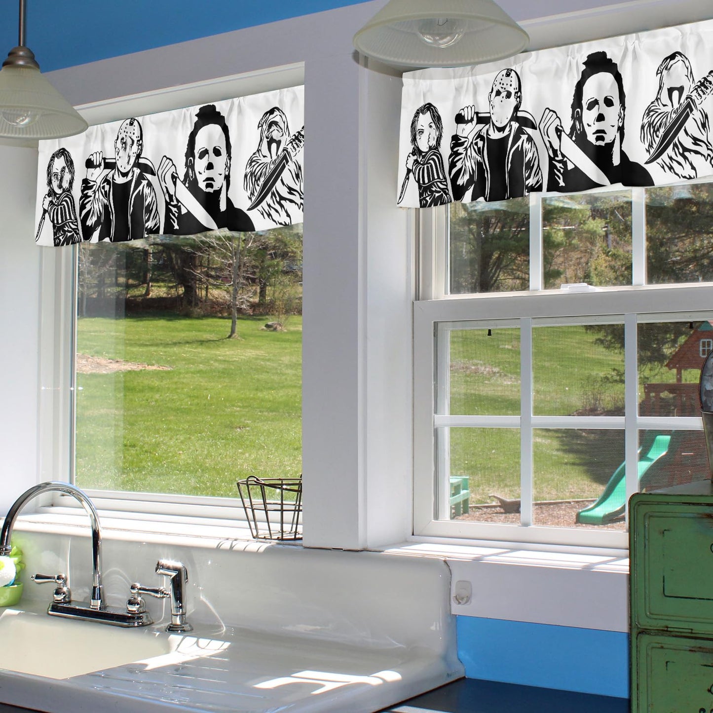 Horror Killers Window Valance for Halloween Decorations Supplies, Classic Scary Movie Characters Window Curtain for Kitchen Living Room Bedroom, Rod Pocket Windows Treatment Short Curtain, 54" x 18"