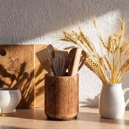 Acellegic Acacia Wood Utensil Holder for Kitchen Counter, 360° Rotating 6.3" Wooden Spoon Spatula Organizer Rustic Cooking Utensil Crock Arch Design for Kitchen Countertop Farmhouse Decoration