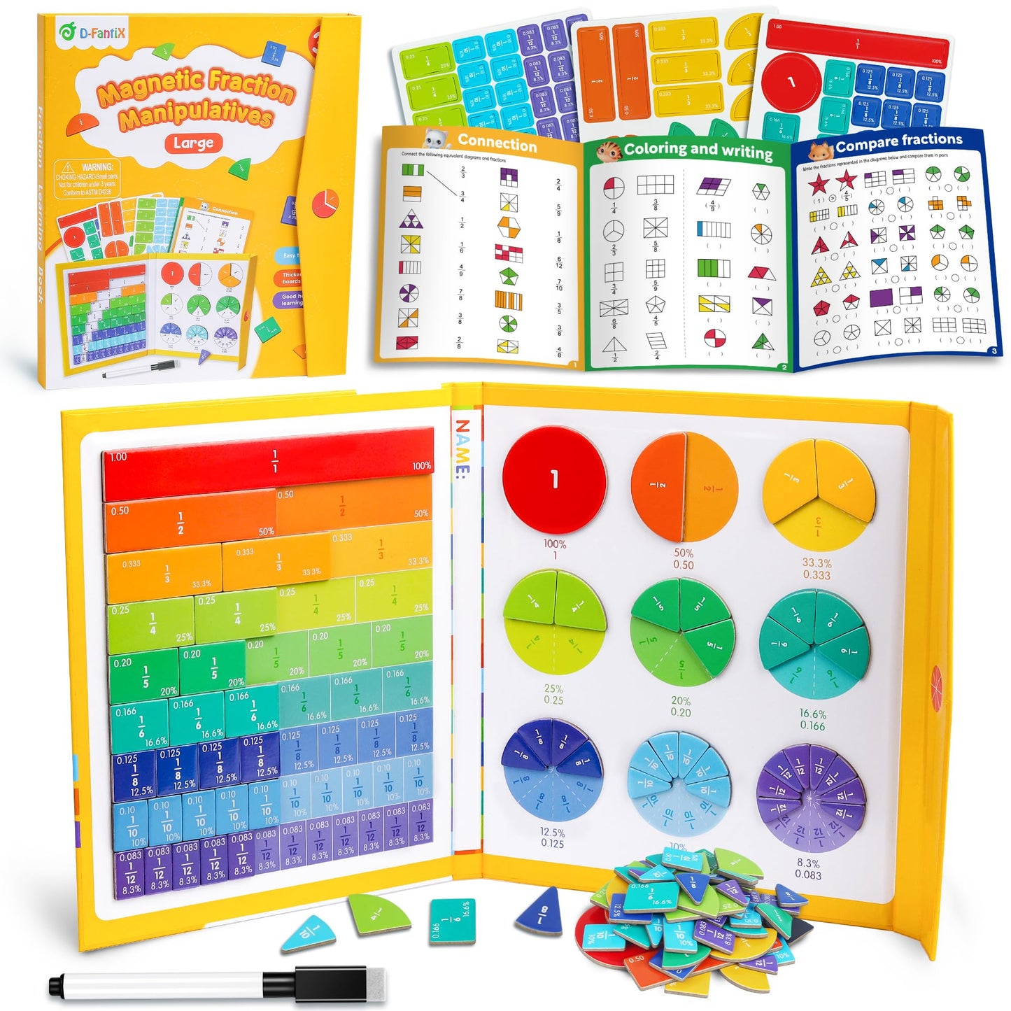 D-FantiX Large Magnetic Fraction Book, Magnetic Fraction Tiles & Fraction Circles Set with Dry Erase Activity Card, Montessori Fraction Manipulatives Learning Toys for Kids