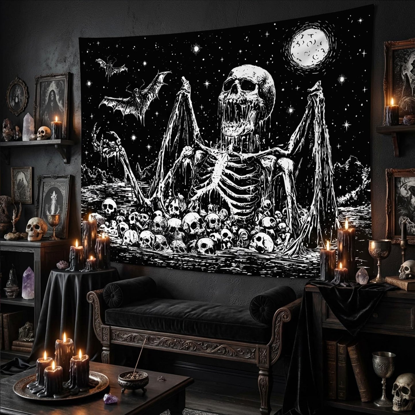 Gruaoihy Gothic Skeleton Tapestry, Horror Moon Skull Dark Death Bat Wall Art for Bedroom Grunge Room Decor, Black and White 44x60 inches