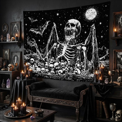 Gruaoihy Gothic Skeleton Tapestry, Horror Moon Skull Dark Death Bat Wall Art for Bedroom Grunge Room Decor, Black and White 44x60 inches