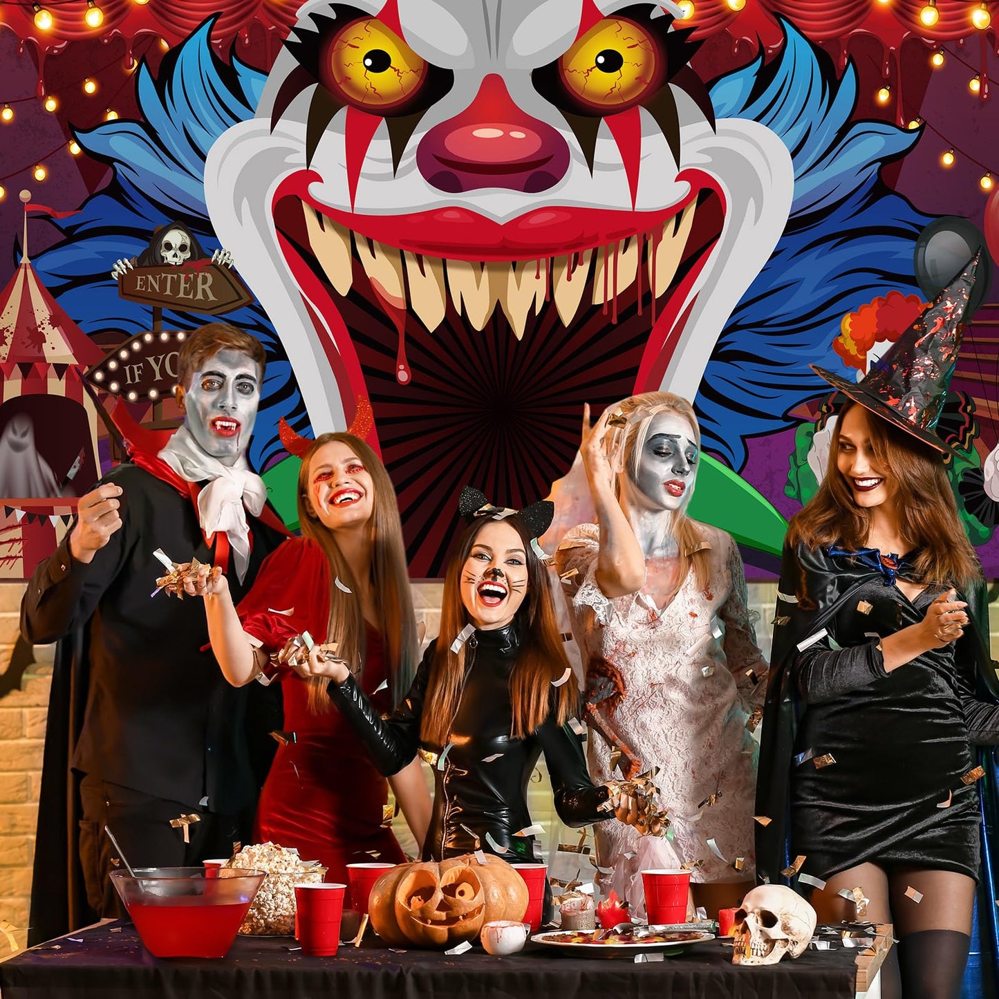 Ganeen Halloween Garage Door Cover 7 x 16 ft Clown Halloween Party Decorations Horror Garage Door Banner Scary Holiday Backdrop, Assembly Needed