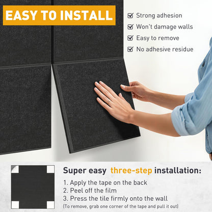 QUEENLINK Large Felt Bulletin Board 48"x36", 12-Pack, Cork Board Alternative with 48 Removable Adhesive Tabs, Felt Wall Tiles Pin Board Tack Board for Home Office Wall Decor, Black