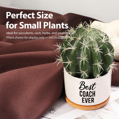 Best Coach Ever Coach Gifts Ceramic Succulent Plant Pot with Bamboo Tray Round Sports Gym Instructor Basketball Volleyball Football Soccer Home Office Decor Plant Lover 3.5 Inch White (No Plants)