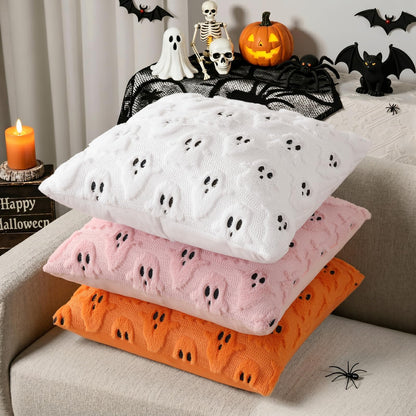decorUhome Fall Halloween Ghost Pillow Covers 16x16 Pack of 2 Soft Plush Faux Wool Textured Throw Pillow Covers Cute 3D Ghost Decorative Cushion Cases for Couch Sofa Bedroom Home Decor, Blush Pink