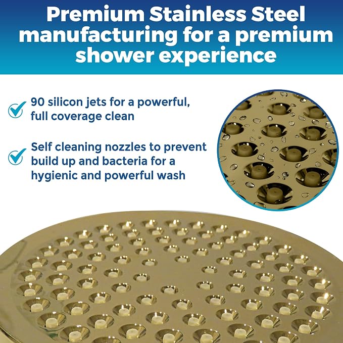 High Pressure Shower Head - Anti-Clogging Silicone Nozzles 2.5 GPM Removable Restrictor - Easy to Clean and Install - Includes Plumbers Tape - 6 inch - (Gold Finish 2.5GPM)
