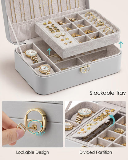 VLANDO 2 Layer Jewelry Box,Jewelry Organizer Storage Lockable Earring Organizer Removable Jewelry Tray with Watch Pillow for Neckable Ring Bracelets-Grey