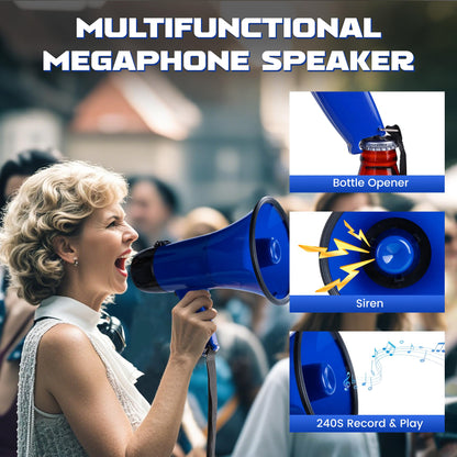 MyMealivos 20W Megaphone Bullhorn, Built in Siren & 240s Recording, 5.4"×8.6" Portable Megaphone with Volume Control Cover Up to 300 feet+ for Indoor and Outdoor Activities(Blue)