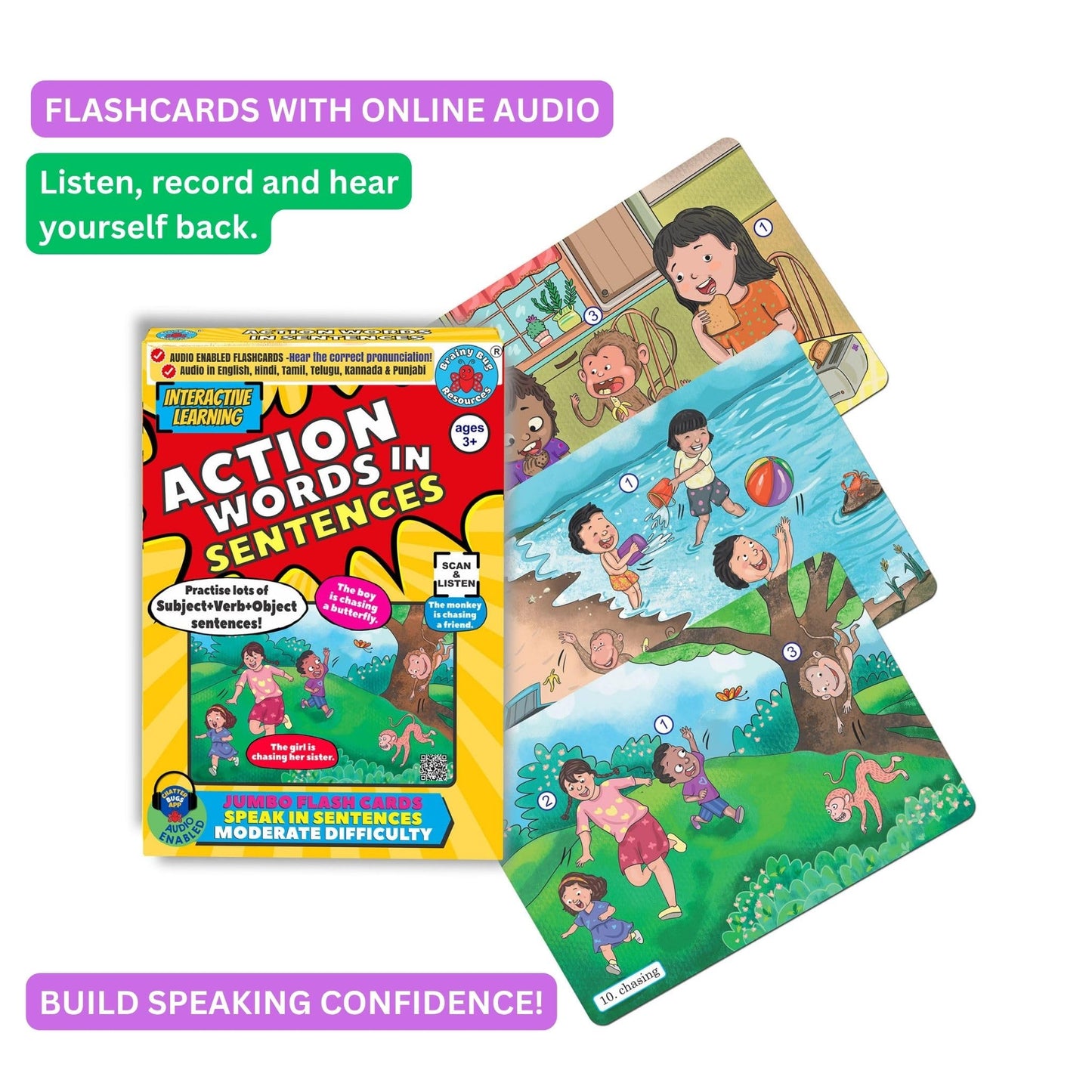 Brainy Bug English Learning Flashcards with App-Enabled Audio Feature | SVO Sentences | Action Words, Grammar & Sentence Practice | Eary Learners | Special Needs | Home Schooling