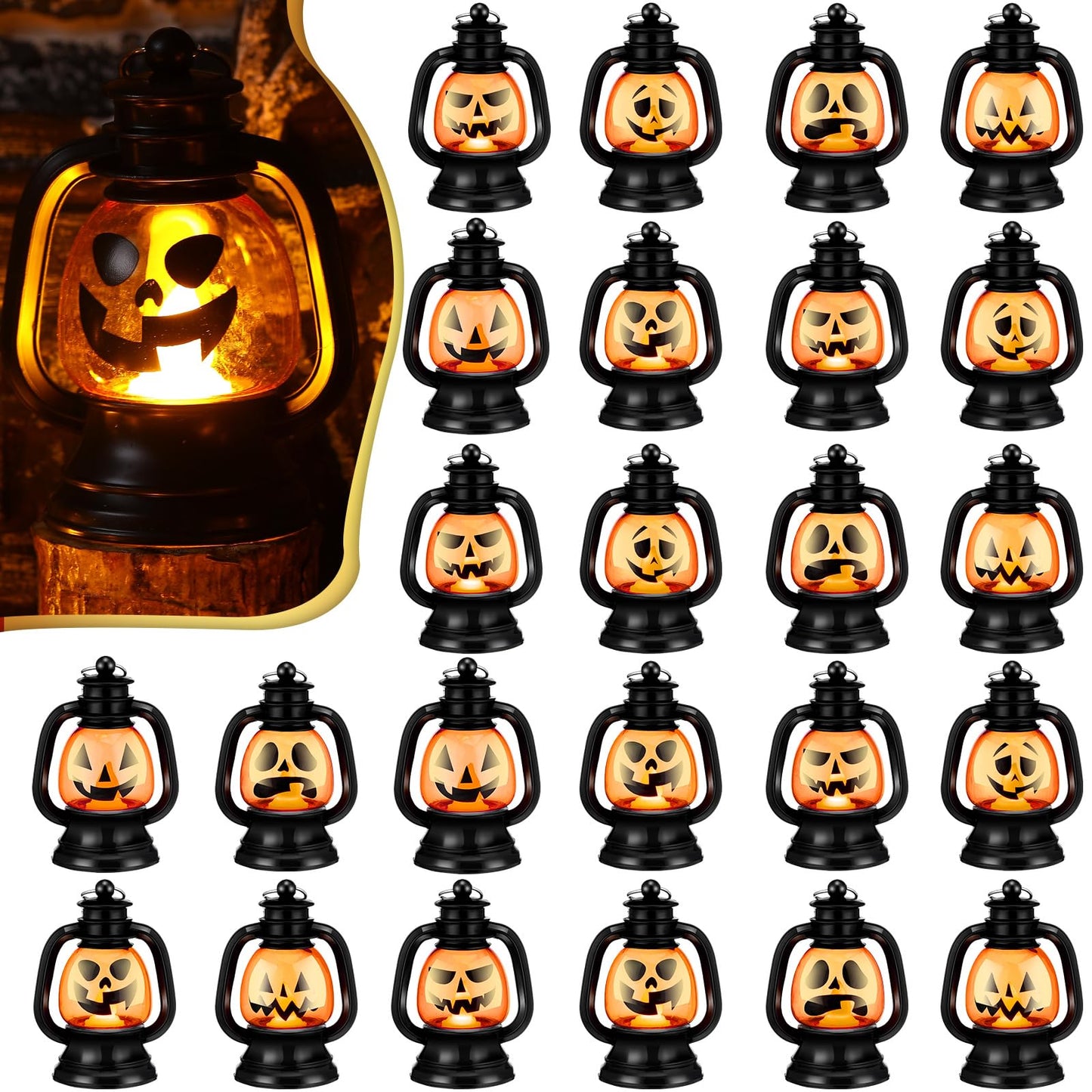 ROCEEI Halloween Mini Pumpkin Lantern 3.54 Inch Jack O Lantern Table Centerpiece Halloween Hanging Decoration Bulk Light up Lamp with Flickering LED Candle for Party Decor Indoor Outdoor(24 Pcs)