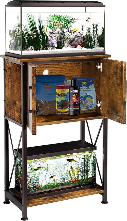 Herture 5-10 Gallon Fish Tank Stand, Metal Double Aquarium Stand with Cabinet for Fish Tank Accessories Storage, Heavy Duty 20.5" L* 11.02" W Tabletop, 500LBS Capacity Rustic Brown and Black PG06YGN