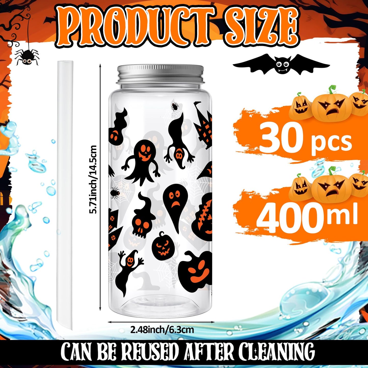 Skylety 30 Pcs Halloween Plastic Cups Tumbler with Lids and Straws 13.5 oz Pumpkin Ghost Bat Reusable Plastic Cups for Halloween Holiday Party Decor Supplies