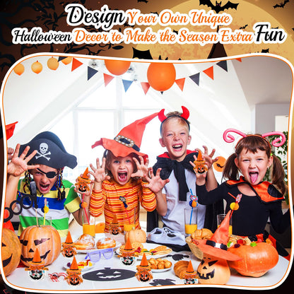 Acellegic 16 Sets Halloween Pumpkin Candy Jars Halloween DIY Craft Pumpkin Party Favors Trick or Treat Kit Plastic Cookie Candy Jars with Lids Witch Hat Stickers Mesh Ribbon Glue Decoration(Orange)