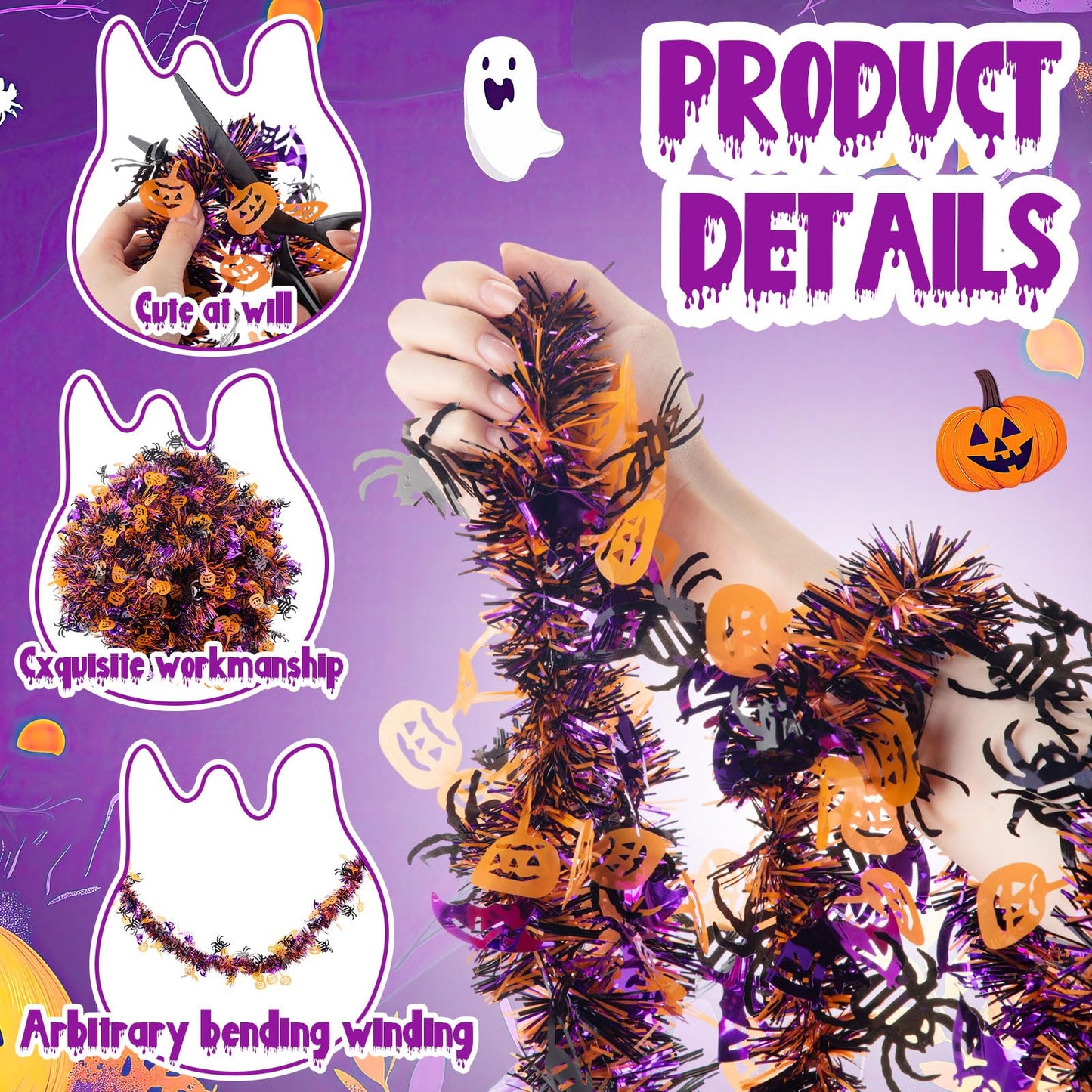 Suncalla 33ft Halloween Tinsel Garland Decor with Funny Pumpkin Black Spider Purple Bats Metallic Twist Garland Wire Hanging Decorations for Home Tree Fireplace Mantle Indoor Outdoor Party